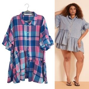 $290 BOHEMIAN TRADERS Plaid Shirt Dress 4XL Blue Pink Ruffle Sleeve Cotton